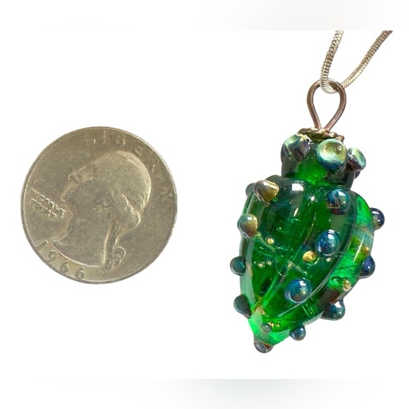 Hand Blown Glass Pendant Necklace Green Multi Teardrop Applied Dots Artsy - Picture 5 of 6